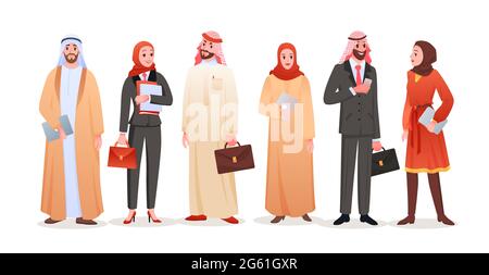 Arabische Geschäftsleute isoliert Satz, Karikatur saudischen Geschäftsmann und Geschäftsfrau Sammlung Stock Vektor