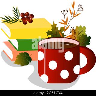 Kartenvorlage mit einer Tasse Tee, Büchern und Herbstblättern. Für gemütliche Herbstabende. Vektorgrafik. Für den Einsatz in Drucken, Verpackungen, Geschäften, Cafés und Stock Vektor