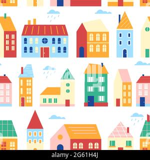 Häuser nahtlose Muster Vektor Illustration, Cartoon flach niedlichen städtischen Stadtbild mit bunten Gebäuden, Retro traditionellen Stadthäusern in Reihe Stock Vektor