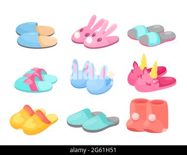 Slipper Vektor Illustration Set, Cartoon Wohnung Schuhkollektion in verschiedenen Farben, bequeme Slipper Schuhe mit lustigen Tierkopf, Bogen Stock Vektor