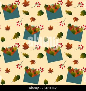 Muster mit Briefumschlag und Herbstblättern. Vektorgrafik. Zur Verwendung in Drucken, Verpackungen, Geschäften, Cafés und Restaurants, Flyern, Werbeaktionen, c Stock Vektor