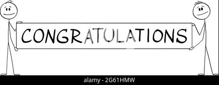 Zwei Personen mit großem Gratulationszeichen oder Banner, Vektor-Cartoon-Stick Abbildung Stock Vektor