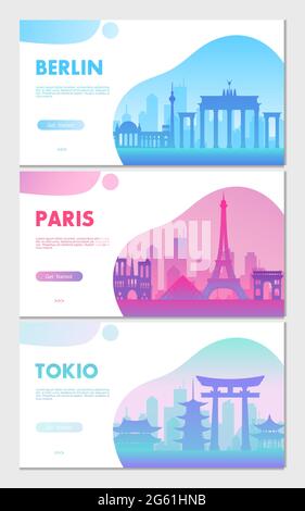 Cartoon flache Stadtlandschaft mit berühmten Architekturgebäuden für Touristen und Reisende, Reisensymbole von Paris, Berlin, Tokio und Südkorea. Stock Vektor