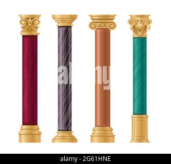 Säulen Vektor Illustration Set, Cartoon flache klassische Marmorsäulen mit goldenen Säulen Dekorationen, in verschiedenen Stilen und Farben isoliert auf weiß Stock Vektor