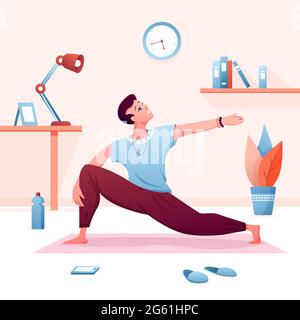 Startseite Yoga flache Vektor Illustration, Cartoon junge Mann Charakter Üben ruhige Yogi Asana, aktive Praxis der gesunden Lebensstil Hintergrund Stock Vektor