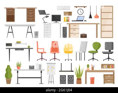 Büromöbel Vektor Illustration Set isoliert auf weiß. Cartoon ergonomische Einrichtungsgegenstände für die moderne Innenarchitektur Kollektion mit Stuhl und Stock Vektor