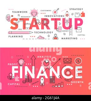 Financial Startup Wort abstrakt dünne Linie Vektor Illustration Set mit Start Business-Projekt, neue Forschungsidee konzeptionelle Symbole Stock Vektor