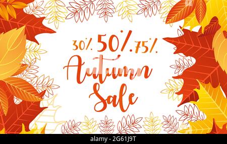 Autumn Sale Lettering Vektor Illustration, Cartoon Flat Web Banner Design mit herbstlichen gelb orange oder rot trocken Ahornbaum Blätter am Rand Stock Vektor