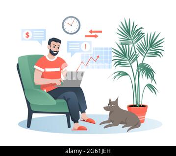 Freelancer arbeitet zu Hause flache Vektor-Illustration, Cartoon bärtige glücklich Hipster Mann Figur sitzt in einem bequemen Sessel, mit Laptop arbeiten Stock Vektor