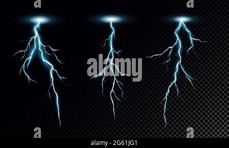 Blitzbolzen realistische Vektorgrafiken gesetzt. Gewitterstrom Entladung isoliert auf transparentem Hintergrund. Naturphänomene, blau Stock Vektor