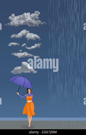 Eine Frau mit einem Regenschirm geht unter Wolken, während ihr links Regen fällt. Dies ist eine 3-d-Illustration über die Vorhersage des Wetters. Stockfoto