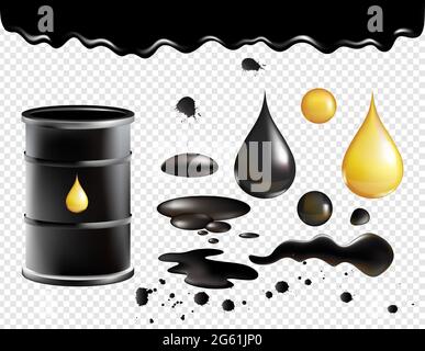 Benzin Symbole Vektor Illustration Set, Öl schwarz realistisch glänzend tropfende Flüssigkeit, schwarz Metall Barrel Behälter mit goldenen Tropfen Objekte Stock Vektor