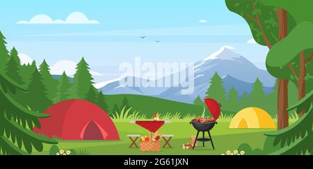 Cartoon flaches Ferienlager mit Picknickplatz und Zelt zwischen Wald, Blick auf die Berglandschaft, sonniger Tag. Sommer Camping Vektor-Illustration. Im Freien Stock Vektor