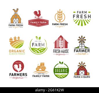 Bauernhof Logo Symbole Vektor-Illustration, flaches Logo oder Abzeichen-Design Set mit Öko frischen Bio-Produkten Lebensmittel für den Bauernmarkt, Etiketten für die Landwirtschaft Stock Vektor