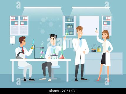 Vektordarstellung von Ärzten im medizinischen Labor, die Impfstoffe machen. Wissenschaftler, Coronavirus, Immunisierungskonzept im flachen Cartoon-Stil. Stock Vektor