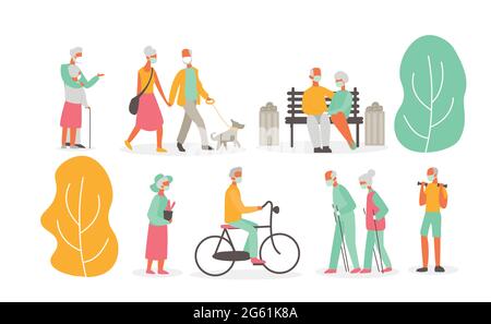 Vektor-Illustration Satz von alten Menschen, die draußen im Park gehen und Masken tragen, isoliert auf weißem Hintergrund. Virenkonzept, Schutz, Großmutter Stock Vektor