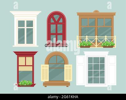 Vektor-Illustration Set von detaillierten verschiedenen bunten Fenstern mit Blumen, Dekorationen und Fensterbänke, Vorhänge. Flacher Cartoon-Stil. Fenster Stock Vektor