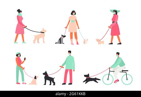Vektor-Illustration Satz von Menschen, die medizinische Schutzmasken tragen, Menschen, die mit Hunden draußen gehen. Schutz, Virus, Training mit Hund draußen Stock Vektor