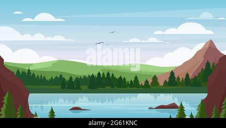 Berg See Landschaft Vektor Illustration, Cartoon flache Sommer Natur, malerische Berglandschaft mit blauen See Wasser, Pinienwald Hintergrund Stock Vektor