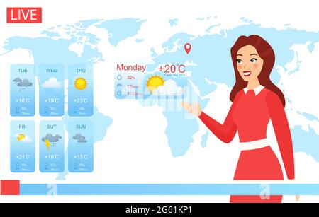 TV-Wetterbericht Vektordarstellung, Cartoon flach Attraktive Wetterfrau Charakter Berichterstattung über den Klimawandel in Nachrichten, zeigt Wetter Stock Vektor