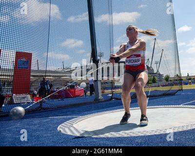 MANCHESTER - ENGLAND 25/27 JUN 21: Anna Purchase tritt im Hammer bei den Muller British Athletics Championships im Manchester Regional are an Stockfoto