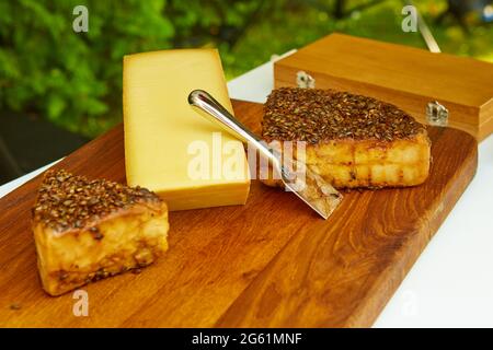 Käseparty, perfekte Feiertagsvorspeise auf rustikalem Holzbrett Stockfoto