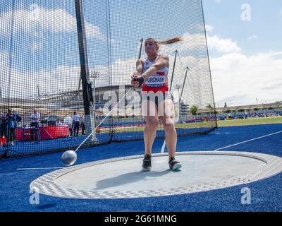 MANCHESTER - ENGLAND 25/27 JUN 21: Anna Purchase tritt im Hammer bei den Muller British Athletics Championships im Manchester Regional are an Stockfoto