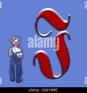 Grafik mit dem kleinen Mädchen und dem Großbuchstaben J als Monogramm Stockfoto