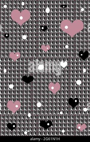 Hintergrund in Retro-Farben von Malve, Schwarz und Weiß schweben auf einem Hahnentrittmuster mit geometrischen Mustern aus Herzen und Kreisen. Hintergrund Stockfoto