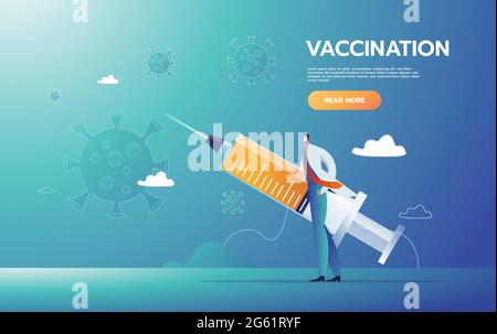 Arzt ist Hero Holding-Impfstoff, um Menschen durch den Kampf gegen den Covid-19 Corona Virus zu schützen. Verhindern Sie, dass sich Menschen mit dem Airborne Virus infizieren Stock Vektor