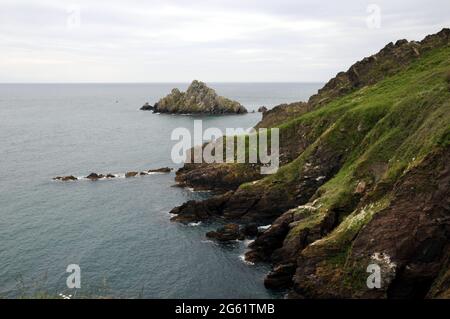 Blick über den Ärmelkanal und den Mew Stone vom South West Coastal Path in der Nähe von Kingswear, South Devon. Stockfoto