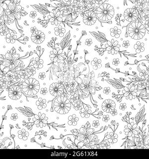 Abstrakte monochrome Doodle Blume nahtlose Muster, Seite für Erwachsene Malbuch. Schwarz-weißer Blumendruck. Vektorgrafik handgezeichnete Illustration Stock Vektor