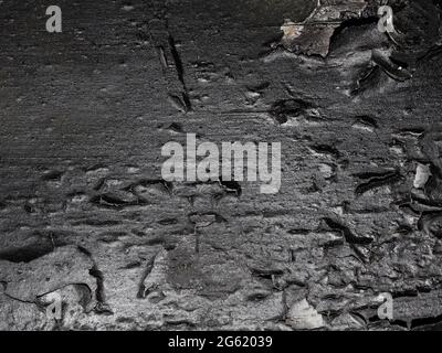 Texturfoto von gebürsteter und verbrannter Holzplankenoberfläche mit alter abgeschälter Farbe. Stockfoto