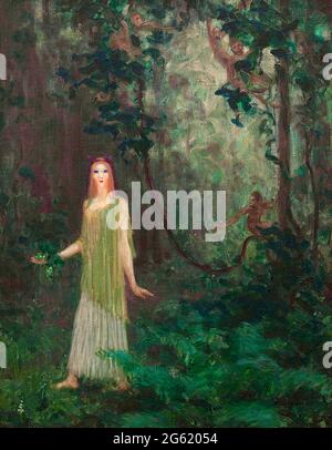 Agnes Pelton Kunstwerk mit dem Titel Vine Wood - Öl auf Leinwand, ausgestellt auf der Armory Show 1913 - Frau in Grün auf Waldspaziergang mit Affen im Schatten. Stockfoto