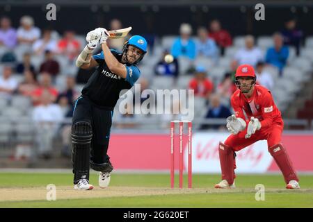 Manchester, Großbritannien. Juli 2021. Ben Dwarshuis klattiert am 7. Januar 2021 für Worcestershire Rapids in Manchester, Großbritannien. (Foto von Conor Molloy/News Images/Sipa USA) Quelle: SIPA USA/Alamy Live News Stockfoto