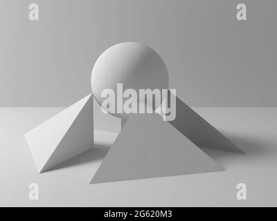 Abstrakte weiße geometrische Installation mit Kugelausgleich auf vier Pyramiden, 3d-Rendering-Illustration Stockfoto
