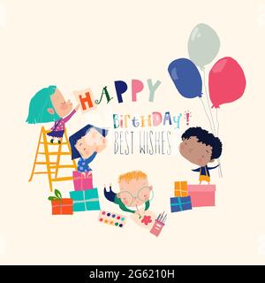 Karte mit niedlichen Cartoon Kinder Geburtstag feiern Stock Vektor