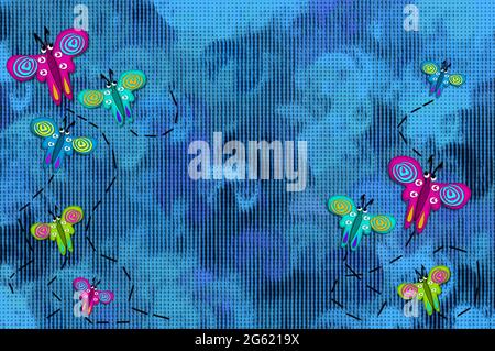 Türkisfarbenes Strickmaterial ist mit applizierten Schmetterlingen bedeckt. Ihre Flugstrecke ist mit schwarzem Faden vernäht. Stockfoto