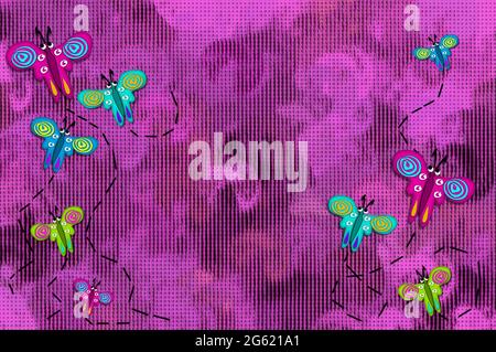 Fuchsia-Strickstoff ist mit applizierten Schmetterlingen bedeckt. Ihre Flugstrecke ist mit schwarzem Faden vernäht. Stockfoto