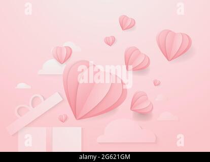 Valentines Hearts mit Geschenkkarton. Papier fliegende Elemente auf rosa Hintergrund. Vektor-Symbole der Liebe in Form von Herz für glückliche Frauen s, Mutter Stock Vektor