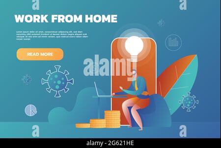 Männer, die zu Hause arbeiten. Prävention von Covid-19, Coronavirus-Krankheit Hintergrund, Gesundheit und Sicherheit. Stock Vektor