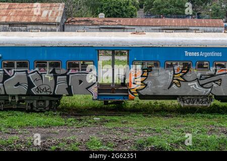 Stillgelegte Züge, mit Graffiti bemalt, gelagert in einem Lager in Colegiales, Buenos Aires, Argentinien. Stockfoto