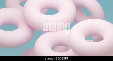 Abstrakte Torusringe Donuts in entsättigte blaue und rosa 3d-Renderdarstellung Stockfoto