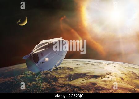 Frachtraum-Raumschiff in der Erdumlaufbahn mit Sonnenlicht. Elemente dieses Bildes, die von der NASA eingerichtet wurden. Stockfoto