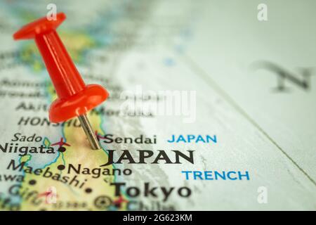 Ort Japan, Reisekarte mit Stecknadelpunkt-Markierung in Nahaufnahme, Asia Journey Concept Stockfoto