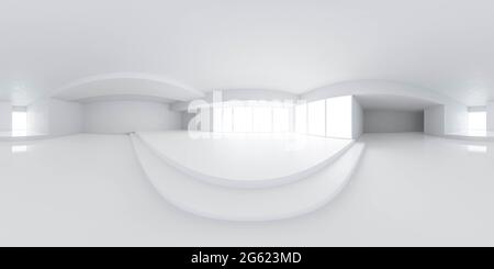 Vollständige 360-Grad-Pnaorama-Umgebungs-Karte des leeren, schlichten weißen Studios mit großen Fenstern und heller Tagesbeleuchtung, 3d-Rendering-Illustration, hdri hdr vr-Stil Stockfoto