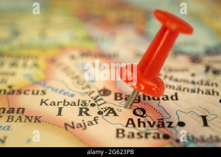 Ort Irak, Reisekarte mit Stecknadelmarkierung Nahaufnahme Stockfoto