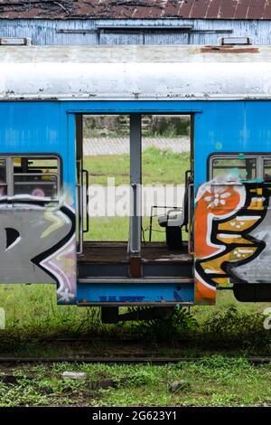 Stillgelegte Züge, mit Graffiti bemalt, gelagert in einem Lager in Colegiales, Buenos Aires, Argentinien. Stockfoto