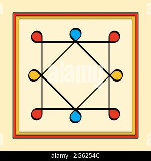 Farbiger Solomon-Ring in quadratischem Rahmen, ein Yantra auf gelbem Hintergrund. Zwei überlappende Quadrate mit acht abgerundeten Ecken. Uraltes Symbol. Stockfoto
