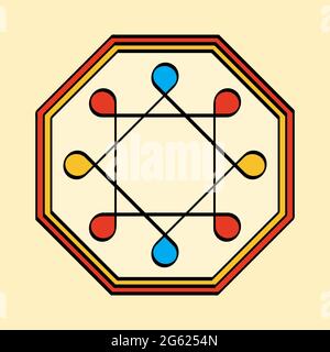 Farbiger Solomon-Ring in achteckigem Rahmen, ein Yantra auf gelbem Hintergrund. Zwei überlappende Quadrate mit abgerundeten Ecken. Uraltes Symbol. Stockfoto